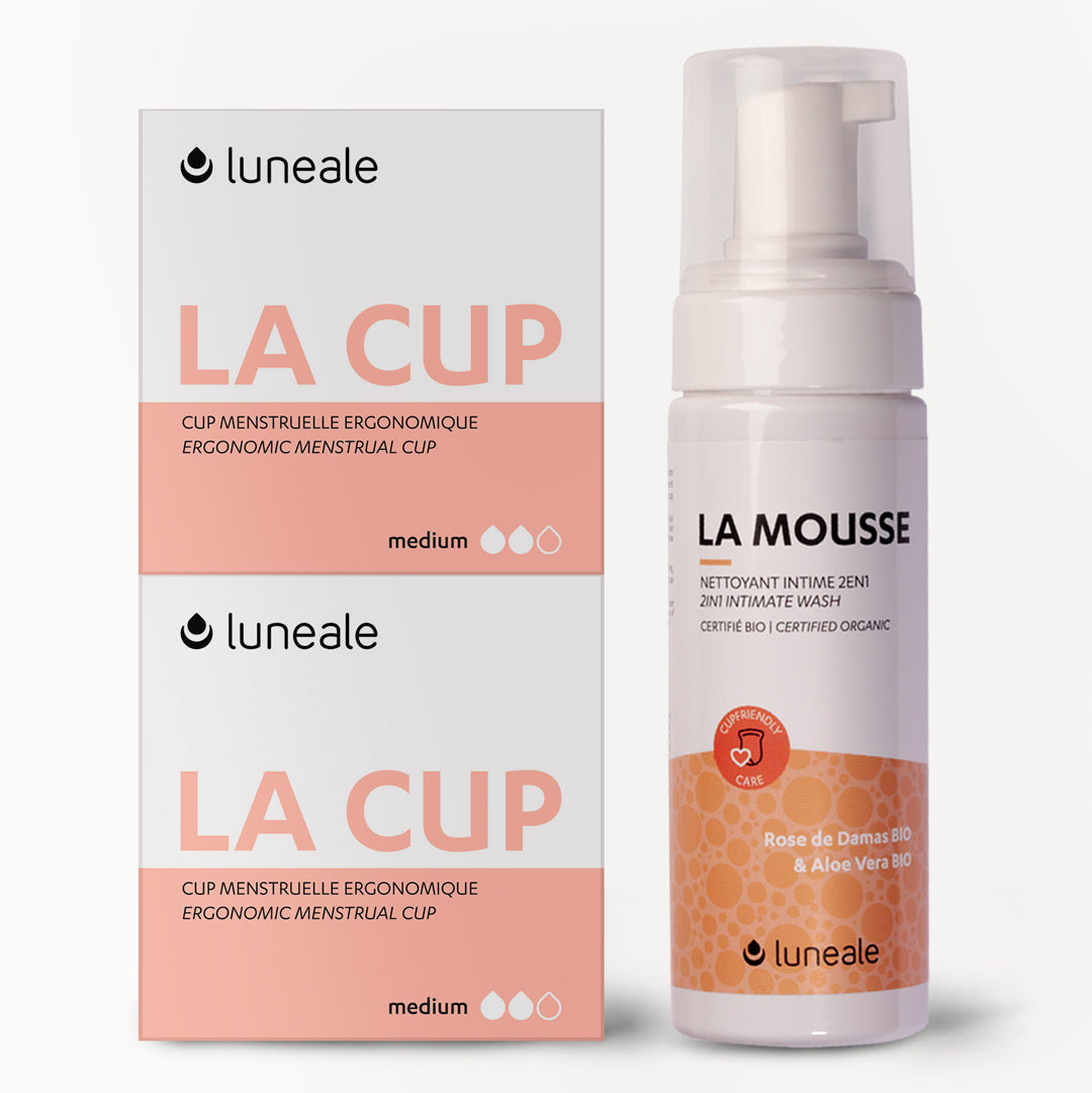 Pack Duo Luneale - lot de 2 cups menstruelles + mousse nettoyante Bio (taille M et M)