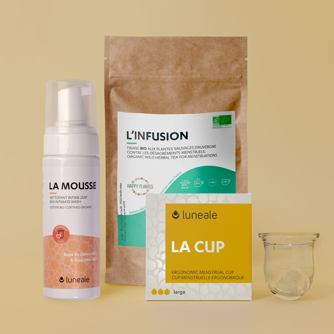 Entdeckungspaket Luneale - Menstruationstasse + Reinigungsschaum + Bio-Tee für die Periode - Cup Größe L