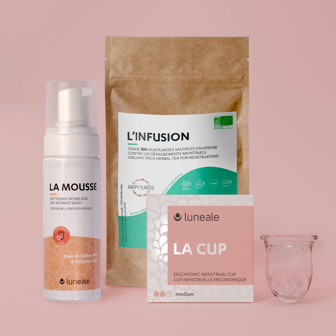 Entdeckungspaket Luneale - Menstruationstasse + Reinigungsschaum + Bio-Tee für die Periode - Cup Größe M