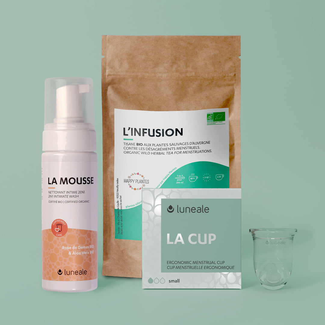 Entdeckungspaket Luneale - Menstruationstasse + Reinigungsschaum + Bio-Tee für die Periode - Cup Größe Q